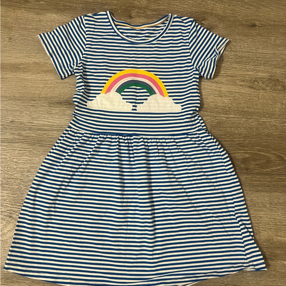 Striped Blue and White Kids Dress with Rainbow Design